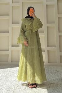 Oil Green Peter Pan Collar Viscose Unprinted Dresess