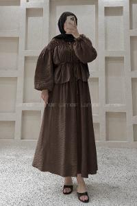 Bitter Brown Crew Neck Long Arm Balloon Sleeve Arm Buttoned Viscose Fabric Flare Suit