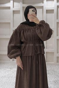 Bitter Brown Crew Neck Long Arm Balloon Sleeve Arm Buttoned Viscose Fabric Flare Suit
