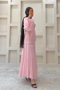 Lamelif Dökümlü Bluz Etek İkili Takım Pembe