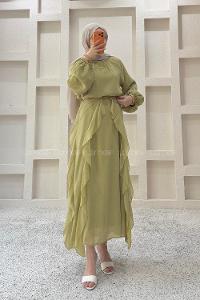 Oil Green Crew Neck Viscose Unprinted Dresess
