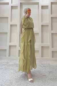 Oil Green Crew Neck Viscose Unprinted Dresess