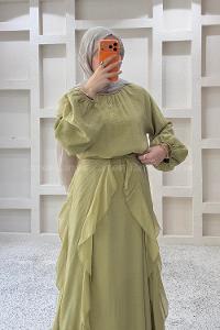 Oil Green Crew Neck Viscose Unprinted Dresess
