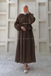 Bitter Brown Neckband Long Arm Polyester Flared Skirt Suit