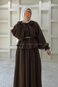 Bitter Brown Neckband Long Arm Polyester Flared Skirt Suit