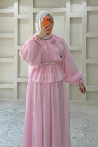 Lamelif Yakası Fiyonklu Etekli Takım Pembe