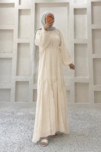 Cream Crew Neck Unprinted Dresess