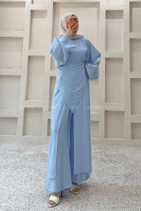 Baby Blue Neckband Long Arm Cotton Regular Trousers Comfortable Suit