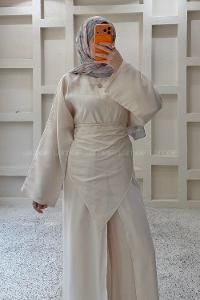 Lamelif Bel Bağlamalı Uzun Tunik-Pantolon Takım Bej