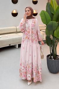 Lamelif Çiçek Detaylı Elbise Pembe
