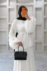 Lamelif Dökümlü Bluz Etek İkili Takım Beyaz