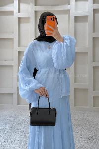 Lamelif Dökümlü Bluz Etek İkili Takım Mavi