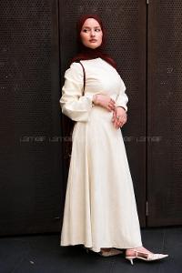 Lamelif Keten Elbise Krem