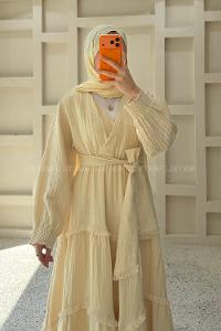Beige V Neck Unprinted Dresess