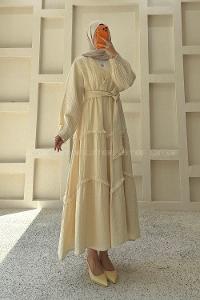 Beige V Neck Unprinted Dresess