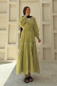 Oil Green V Neck Unprinted Dresess