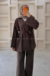 Brown V Neck Long Arm Belted Cotton Regular Trousers Suit