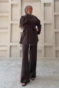 Brown V Neck Long Arm Belted Cotton Regular Trousers Suit