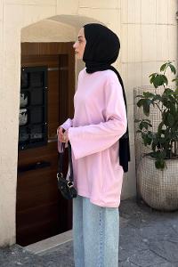 Lamelif Bisiklet Yaka Uzun Kollu Tunik Pembe