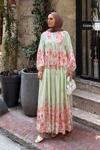 Lamelif Çiçek Detaylı Elbise Mint Yeşili