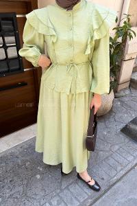 Lamelif Omuz Volanlı Lilyum Etekli Takım Çağla Yeşili