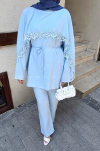 Lamelif Dantel Detaylı Tunik-Pantolon Takım Mavi