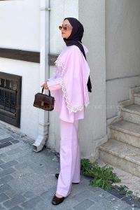Lamelif Dantel Detaylı Tunik-Pantolon Takım Pembe
