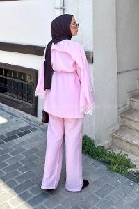 Lamelif Dantel Detaylı Tunik-Pantolon Takım Pembe