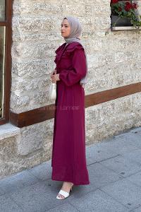 Lamelif Omuz Kat Kat Detaylı Efil Elbise Bordo