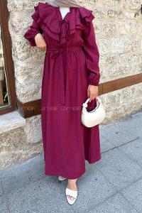 Lamelif Omuz Kat Kat Detaylı Efil Elbise Bordo