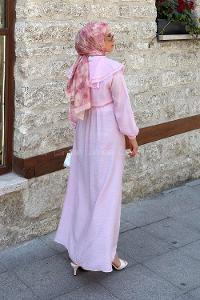 Lamelif Omuz Kat Kat Detaylı Efil Elbise Pembe