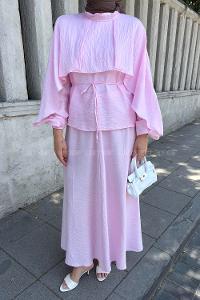 Lamelif Pelerin Tasarım Bluz İkili Takım Pembe