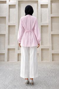 Pink Neckband Long Arm Cotton Polyester Blouse