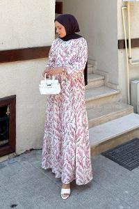 Lamelif V Yaka Tomurcuk Desenli Elbise Pembe