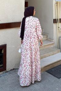 Lamelif V Yaka Tomurcuk Desenli Elbise Pembe