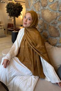 Lamelif  Etnik Desen Ayrobin Floş Jakar  Şal Camel
