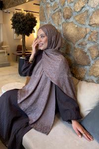 Lamelif  Etnik Desen Ayrobin Floş Jakar  Şal Soft Kahve