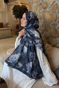 Lamelif Vintage Flower Desen Bambu Şal Antrasit