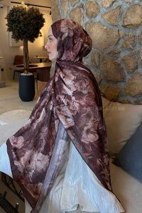 Lamelif Vintage Flower Desen Bambu Şal Kahverengi