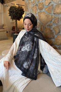 Lamelif Vintage Flower Desen Bambu Şal Siyah