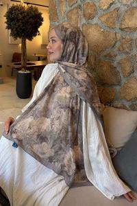 Lamelif Vintage Flower Desen Bambu Şal Vizon