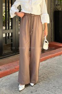 Lamelif Bağcıklı Müslin Pantolon Soft Kahve