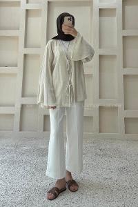 Cream V Neck Linen Unprinted Tunic