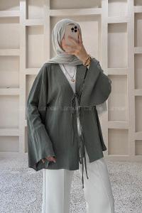 Green V Neck Linen Unprinted Tunic