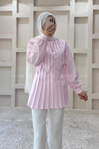 Lamelif Pile Detaylı Bluz Pembe