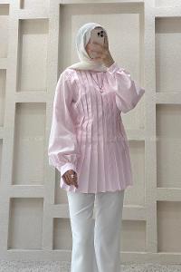 Lamelif Pile Detaylı Bluz Pembe