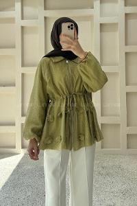 Oil Green Shirt Collar Long Arm Jacket