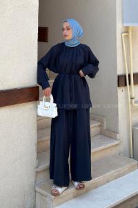 Navy Blue Crew Neck Long Arm Modal Regular Trousers Comfortable Suit