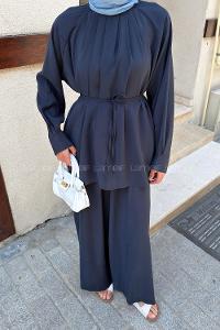 Navy Blue Crew Neck Long Arm Modal Regular Trousers Comfortable Suit