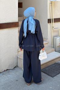 Navy Blue Crew Neck Long Arm Modal Regular Trousers Comfortable Suit